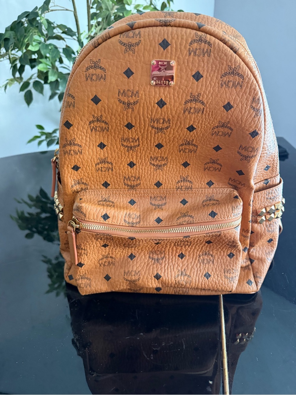 MCM Cognac Visetos Studded Leather Backpack